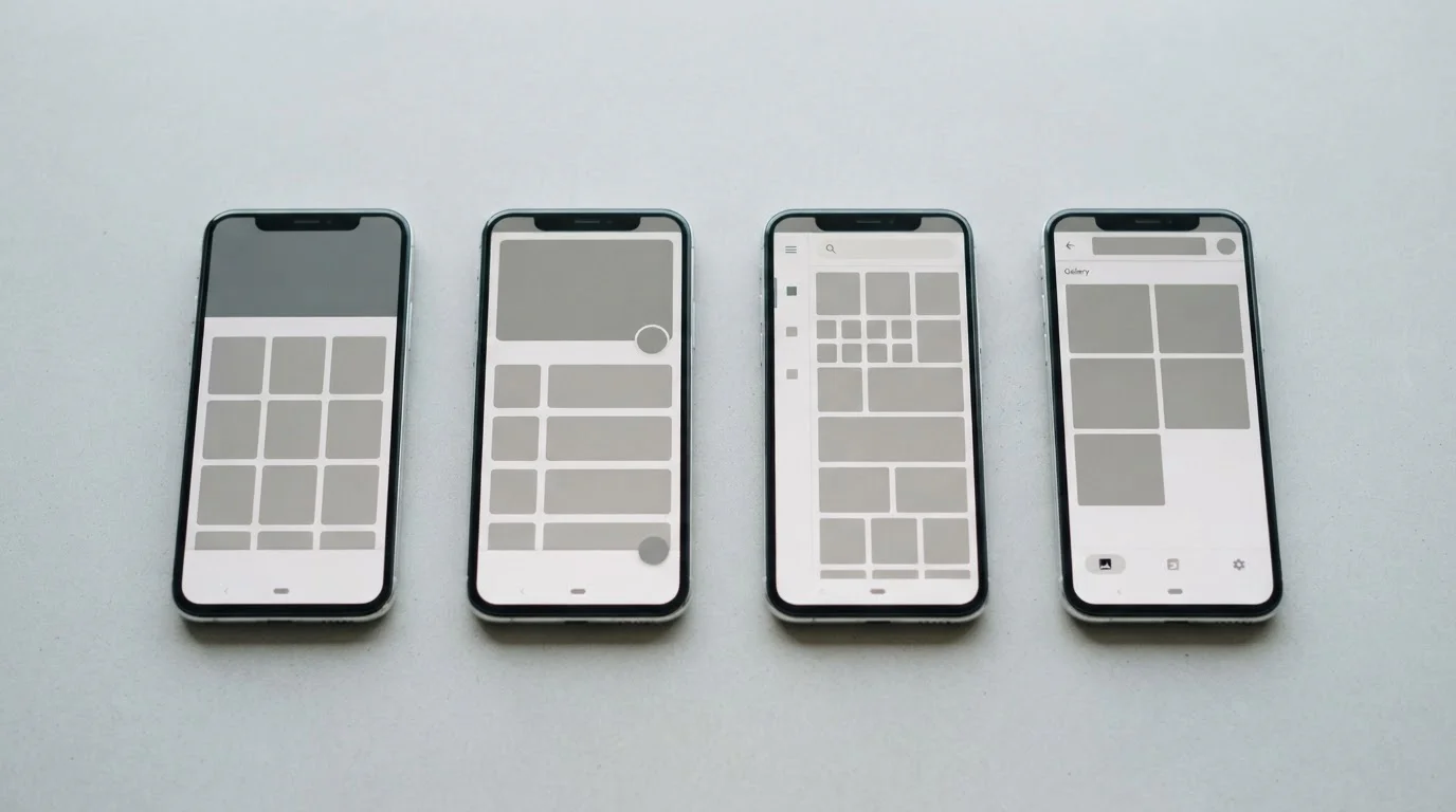 Mehrere Android-Smartphones nebeneinander mit verschiedenen neutralen App-Oberflächen
