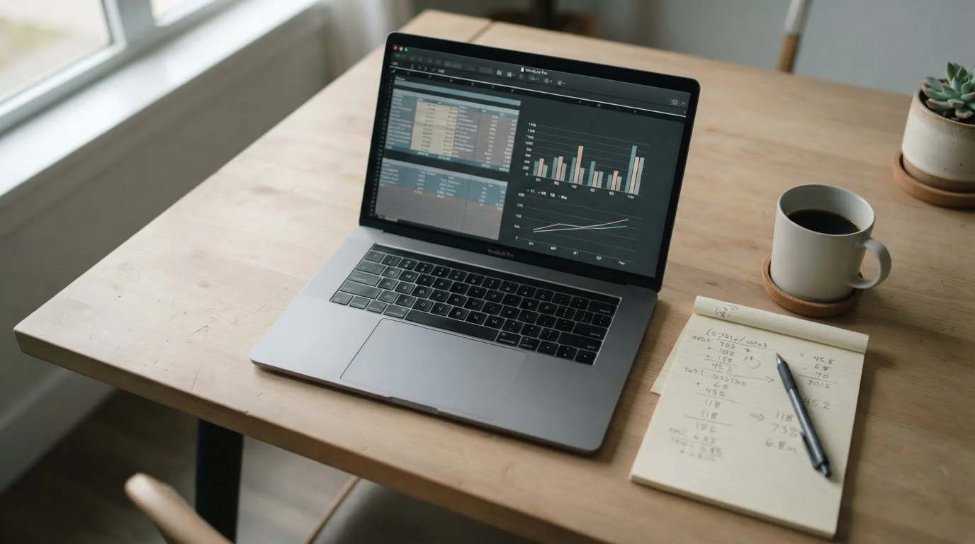 Analytischer Arbeitsplatz mit Laptop und Notizen zum Vergleich von Sportwetten-Anbietern