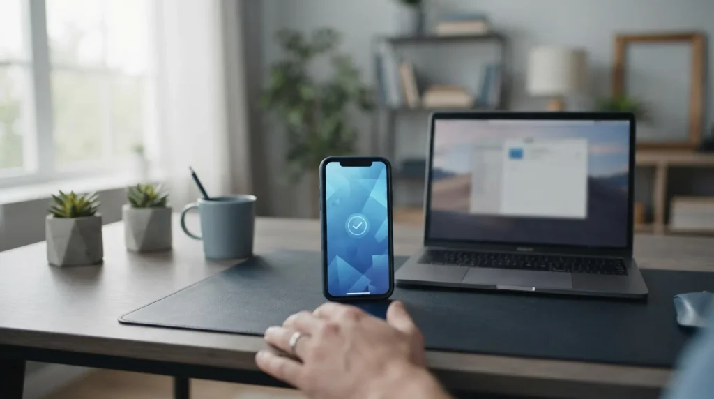 Smartphone mit PayPal-Zahlungsbestätigung auf neutralem Schreibtisch neben Laptop