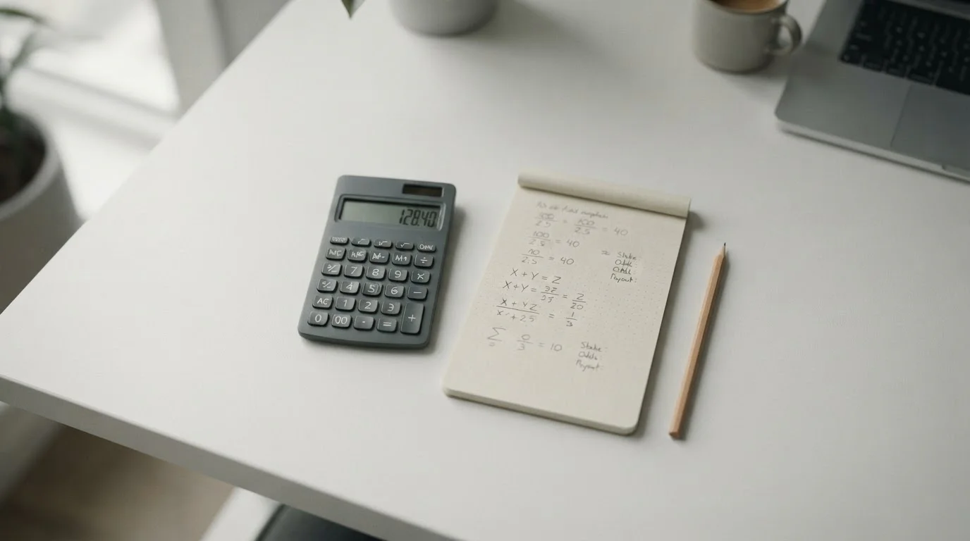 Taschenrechner und Notizen mit Rechenschritten auf aufgeräumtem Schreibtisch