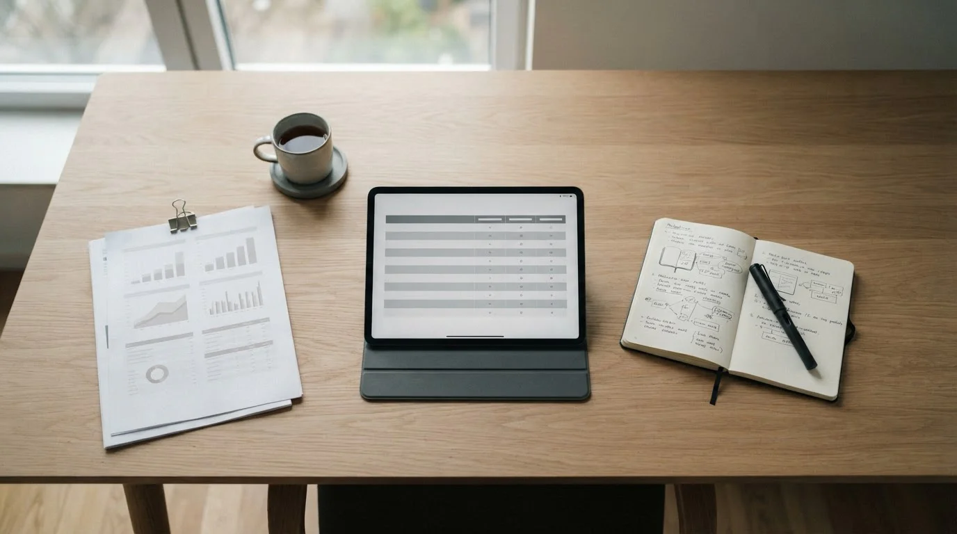 Arbeitsplatz mit Dokumenten und Tablet beim Vergleich von Wettanbietern