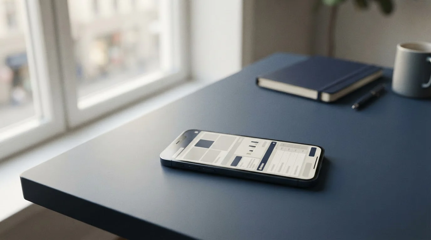 Smartphone mit neutraler Wett-App-Oberfläche auf einem Schreibtisch
