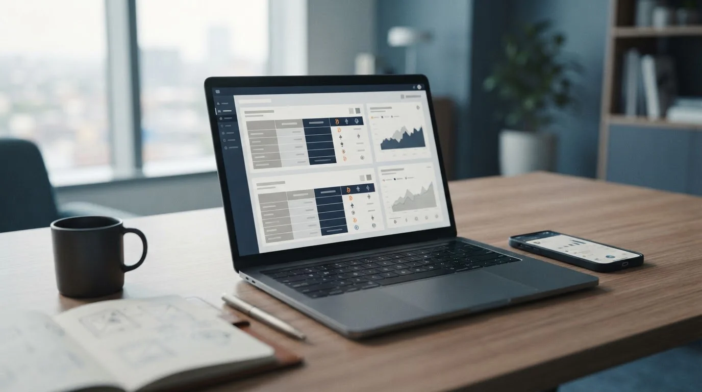 Vergleich von Bitcoin-Wettanbietern auf einem Laptop mit neutralen Datenübersichten