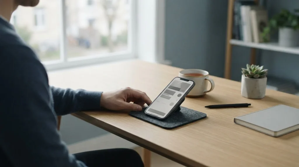 Smartphone mit abstrakter Zahlungs-App auf modernem Schreibtisch mit neutralem Hintergrund