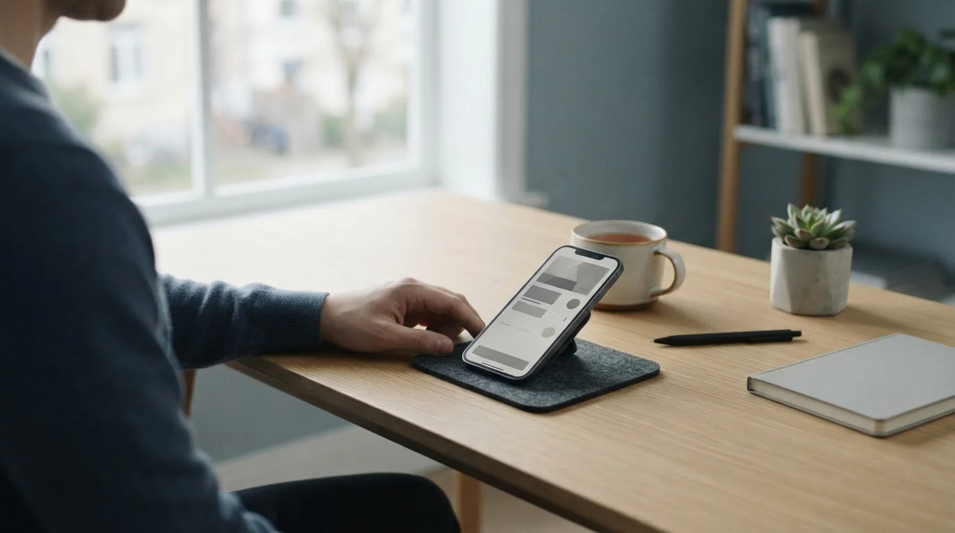 Smartphone mit abstrakter Zahlungs-App auf modernem Schreibtisch mit neutralem Hintergrund