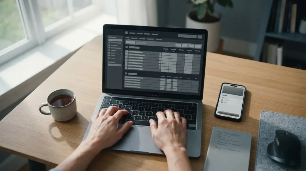 Person analysiert Wettanbieter mit Neteller-Zahlungsoption am Laptop