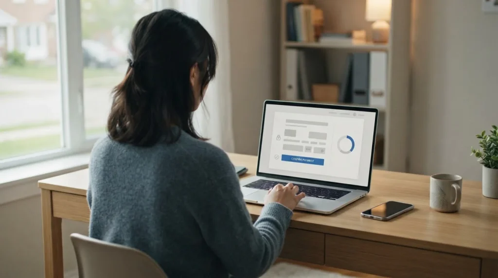 Person nutzt Laptop für Online-Zahlung mit Banking-App auf neutralem Interface