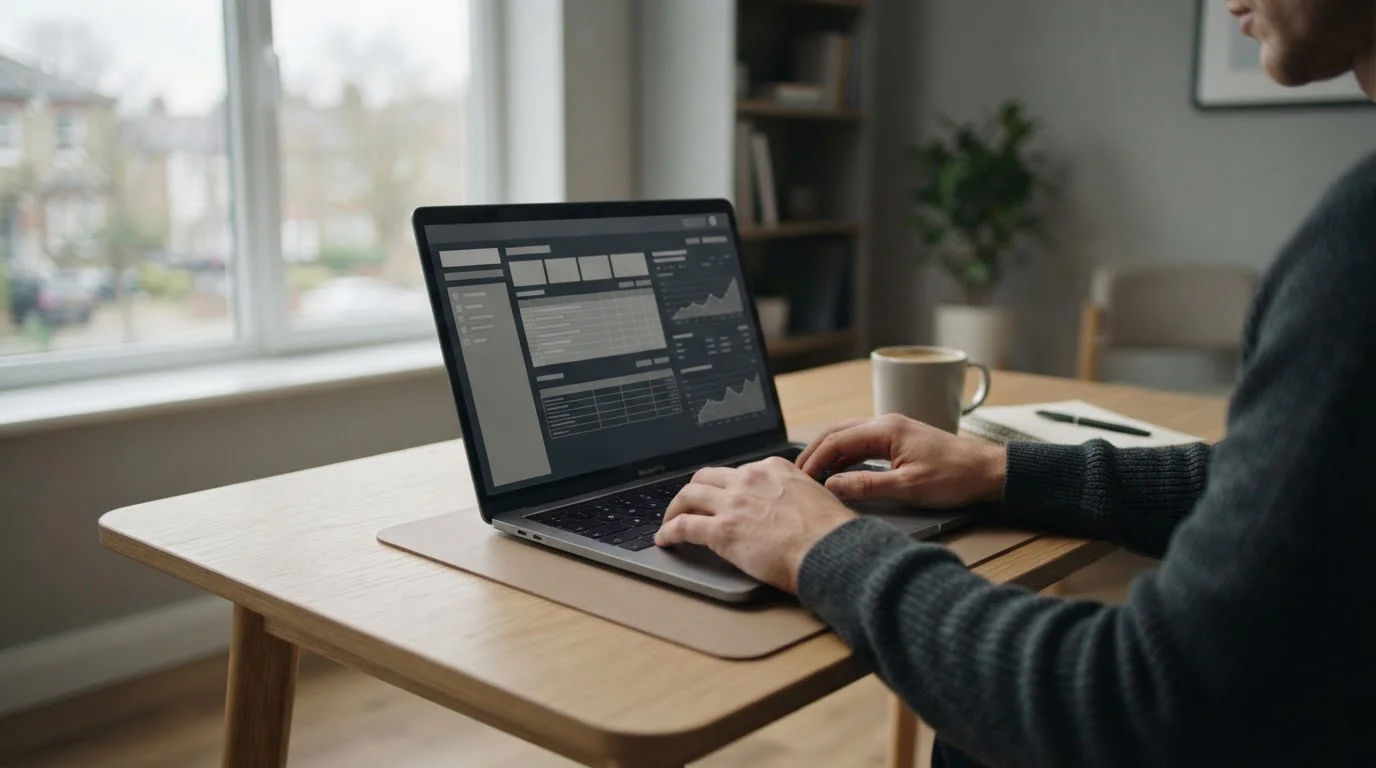 Laptop mit neutralem Interface zu Wettanbietern, gedämpftes Licht, analytische Atmosphäre