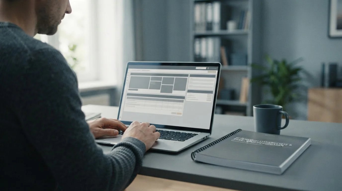 Laptop mit neutraler Sportwetten-Oberfläche auf Schreibtisch neben Regelwerk