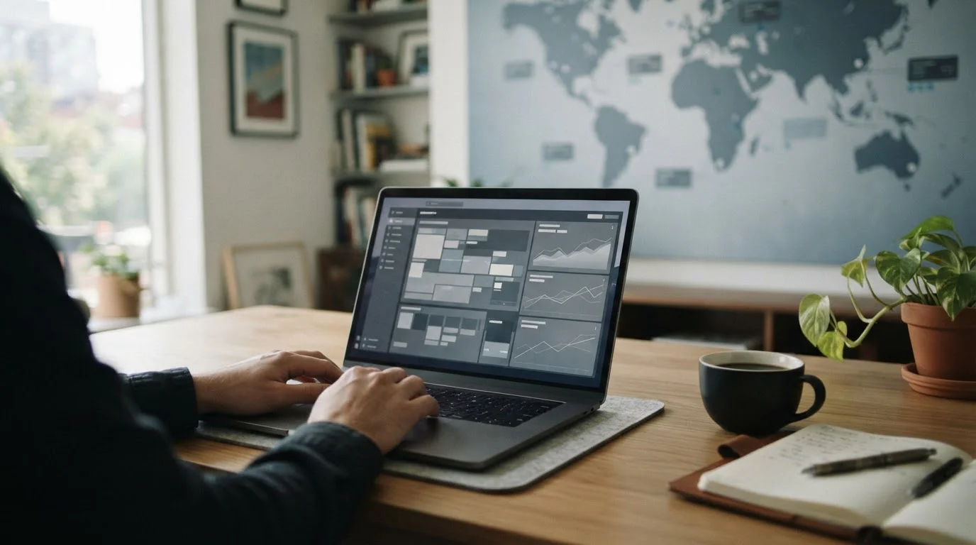 Laptop mit abstrakten Wettschnittstellen und Weltkarte im Hintergrund