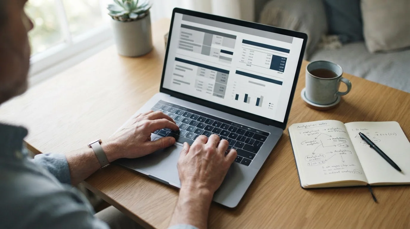 Analytischer Vergleich von Wettanbietern mit Laptop und Dokumenten