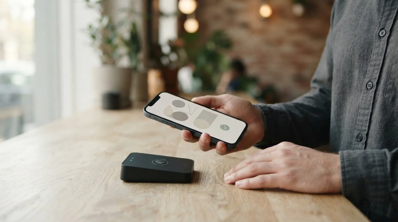 Person hält Smartphone über kontaktlosem Lesegerät, Seitenansicht