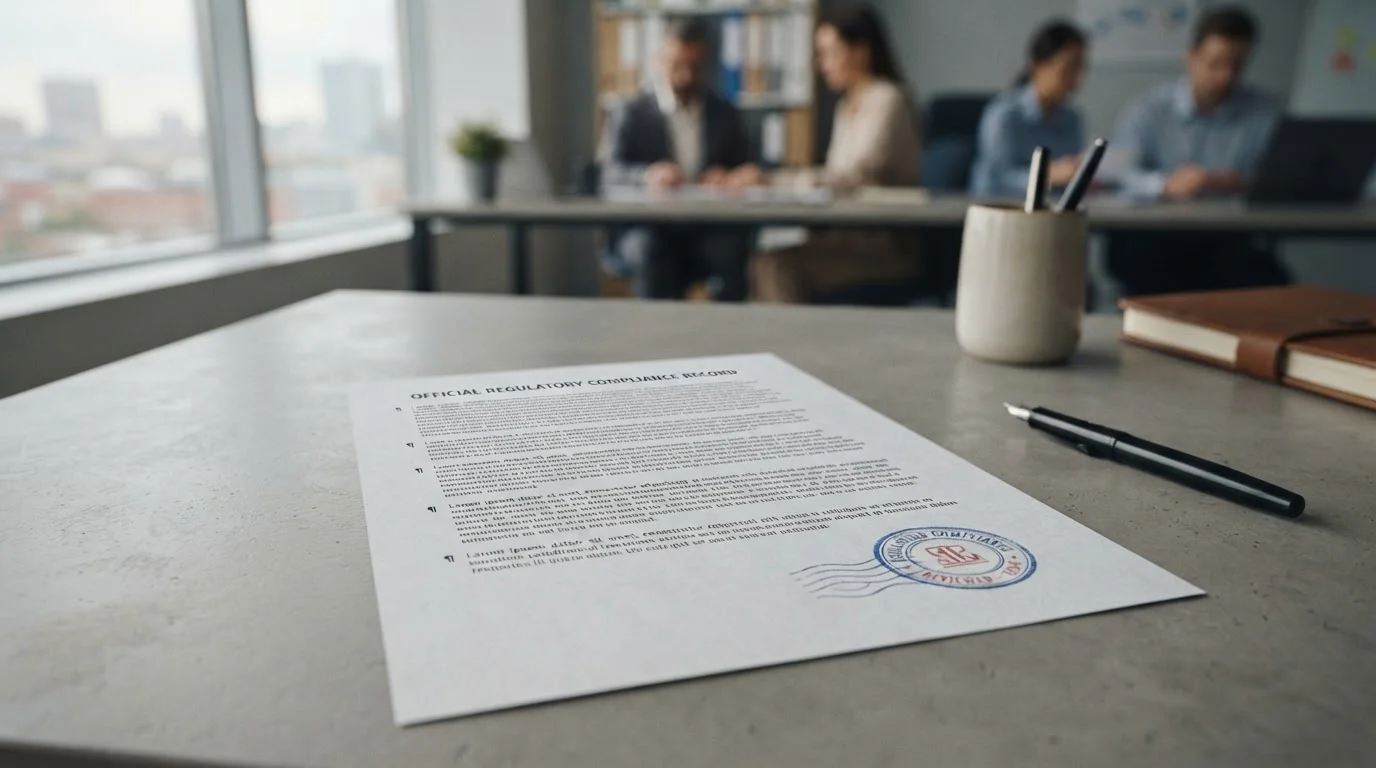Dokument mit Paragrafensymbolen und Stempel auf neutralem Hintergrund