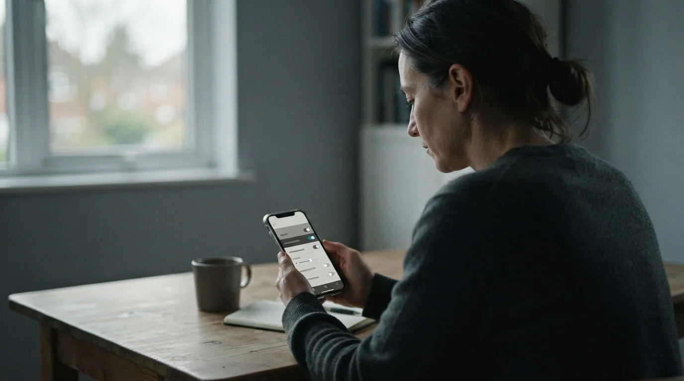 Person betrachtet nachdenklich Smartphone-Display mit Limit-Einstellungen