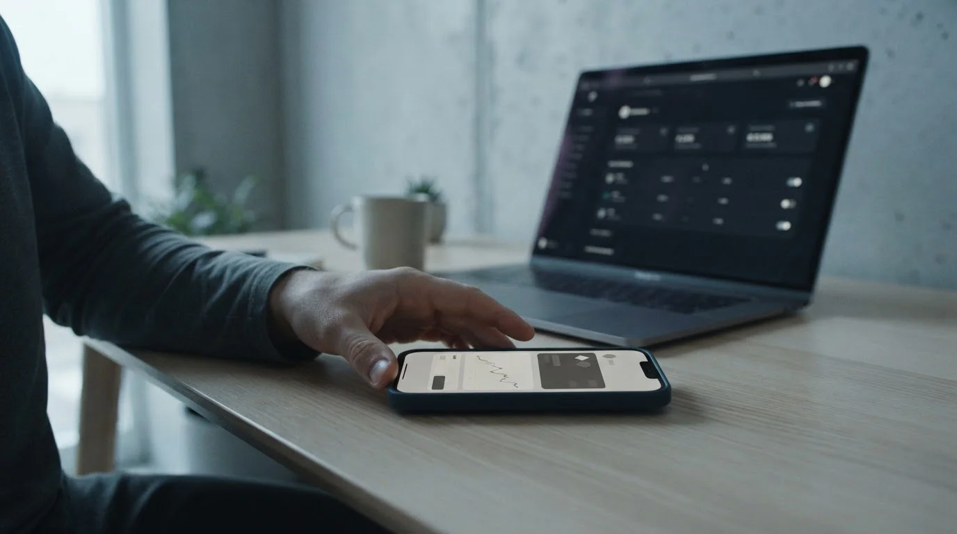 Smartphone mit Krypto-Wallet-Oberfläche neben Laptop