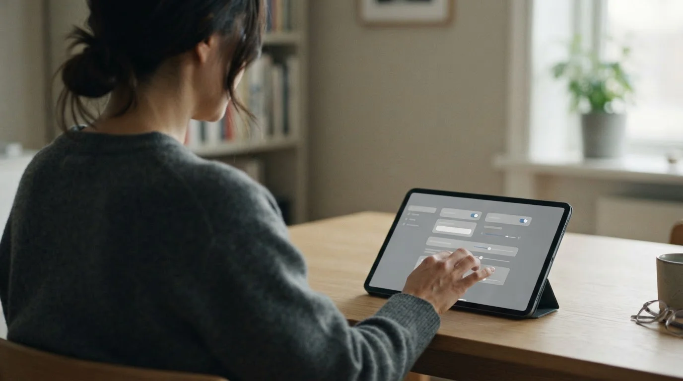 Person aktiviert Schutzeinstellungen auf einem Tablet
