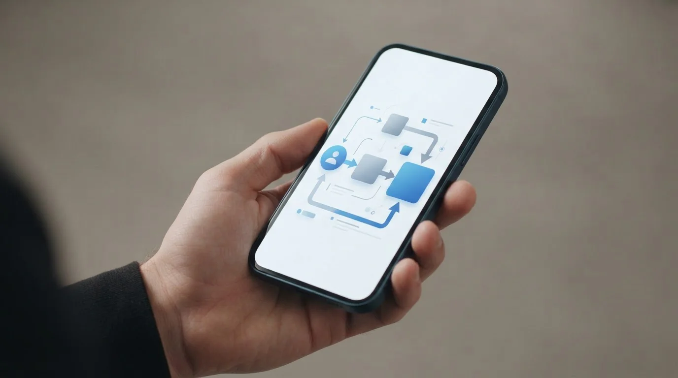 Smartphone zeigt abstrakten Zahlungsvorgang mit bidirektionalen Pfeilen