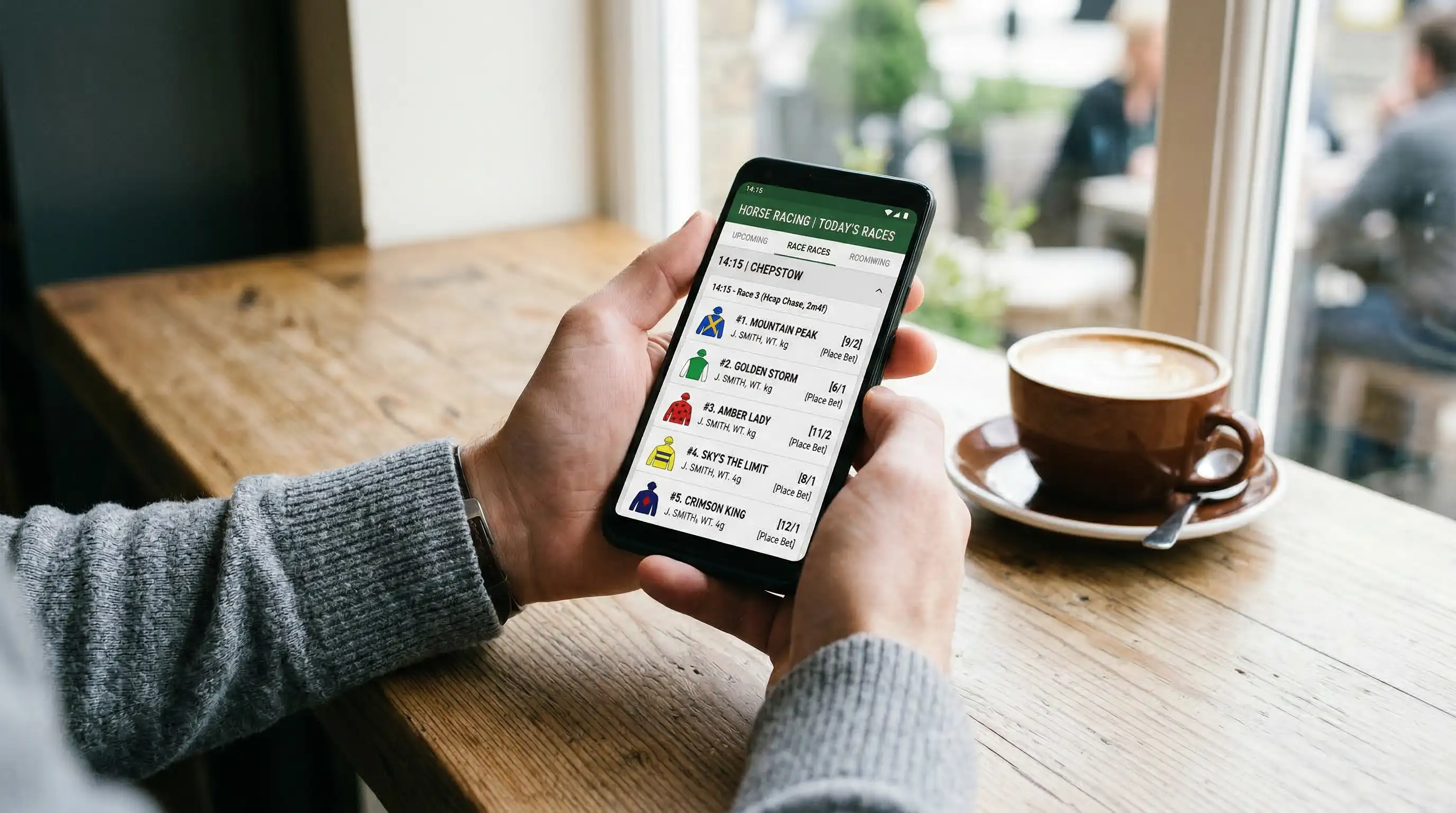 Pferdewetten Anbieter Deutschland – Person nutzt Smartphone-App für Online-Pferdewetten