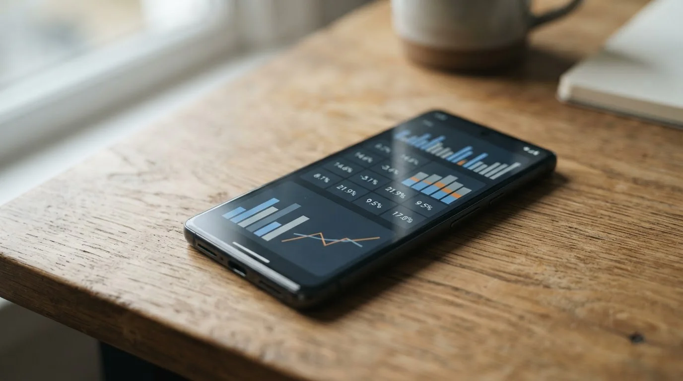 Nahaufnahme eines Smartphones mit neutraler Darstellung von Wettquoten und Statistiken