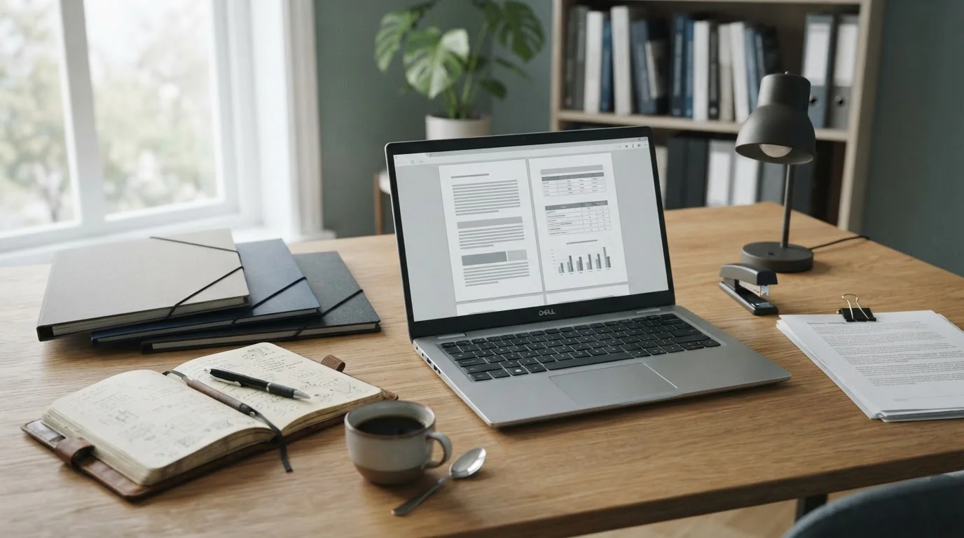 Dokumentenordner und Laptop mit Gesetzestexten auf einem Arbeitstisch