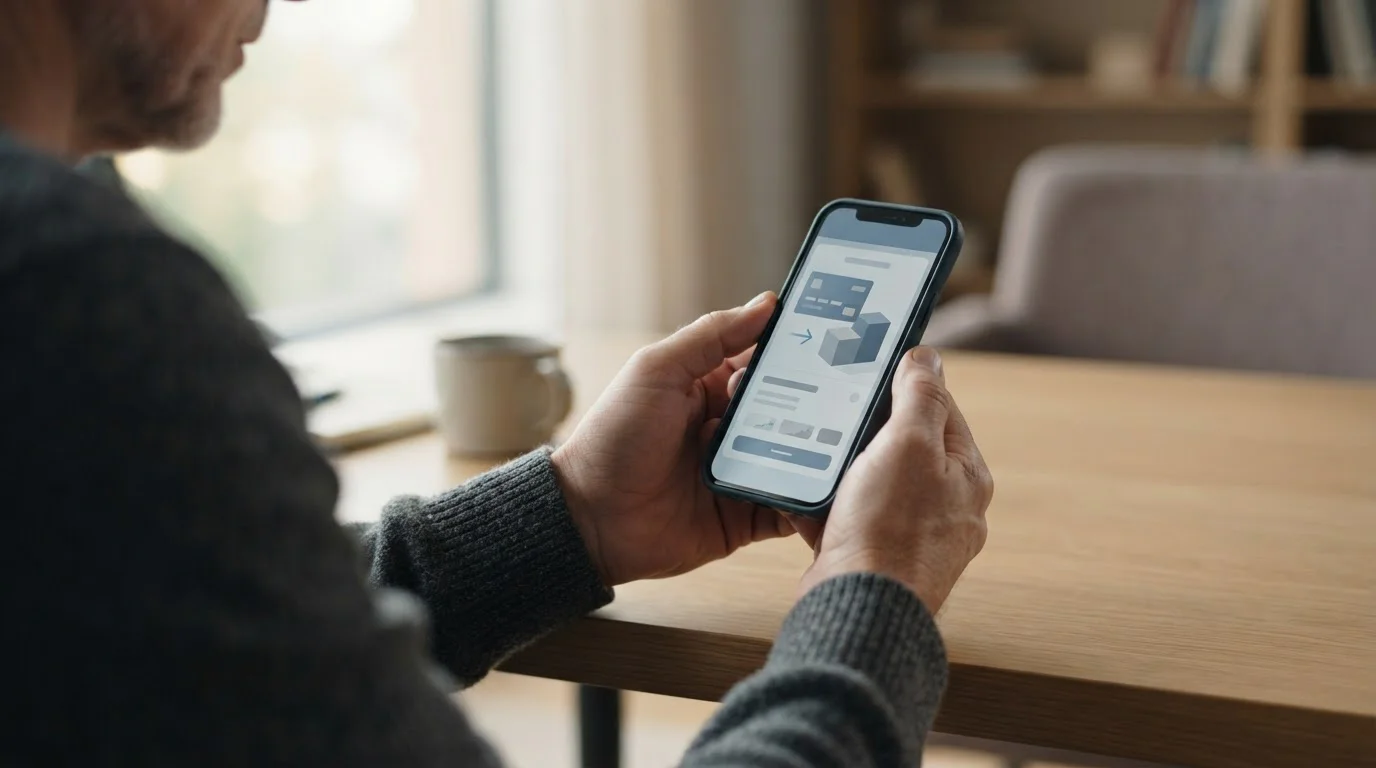 Hände bedienen Smartphone mit Banking-Interface für Sofortüberweisung