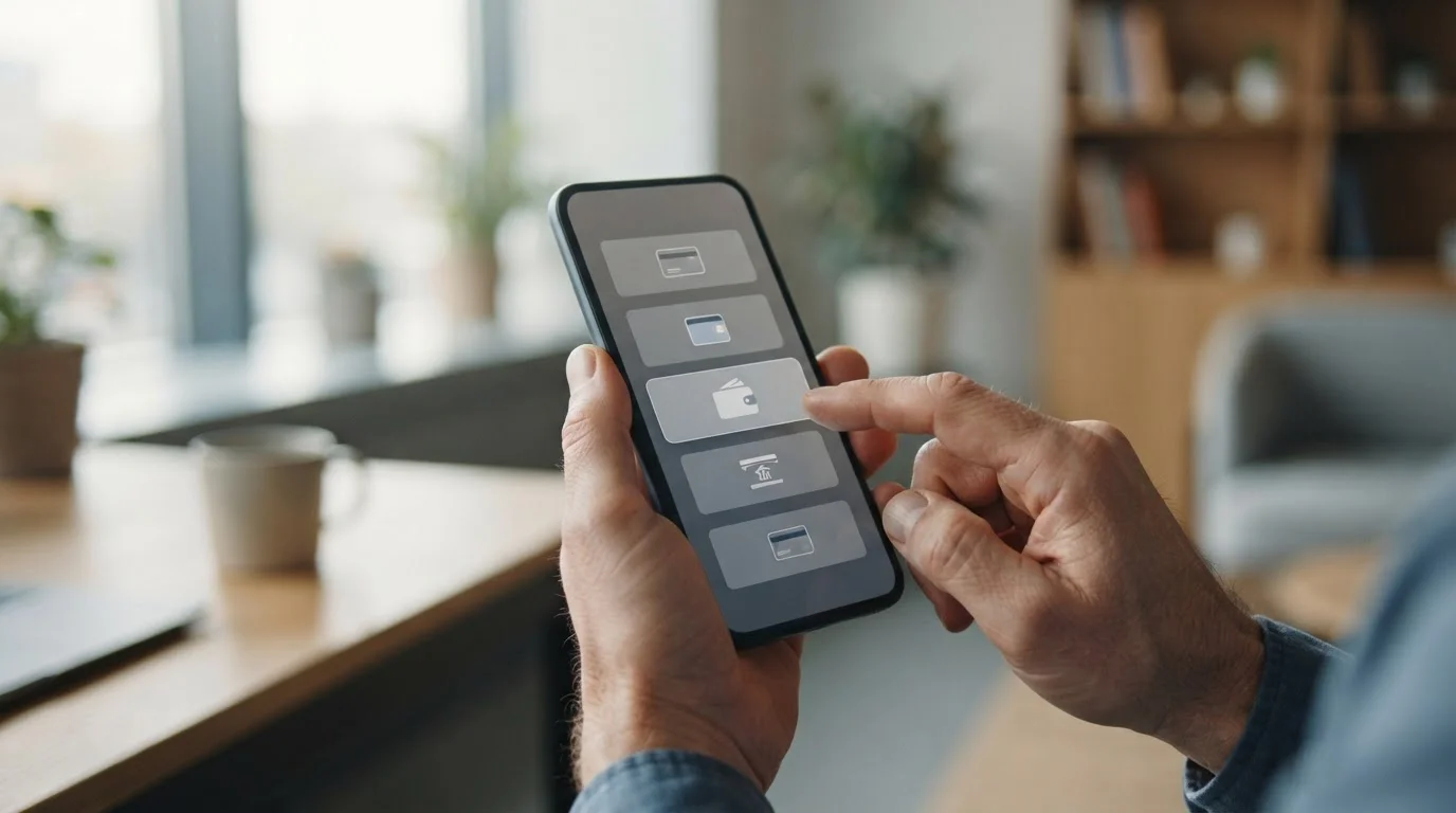 Auswahl digitaler Zahlungsmethoden auf Smartphone-Bildschirm