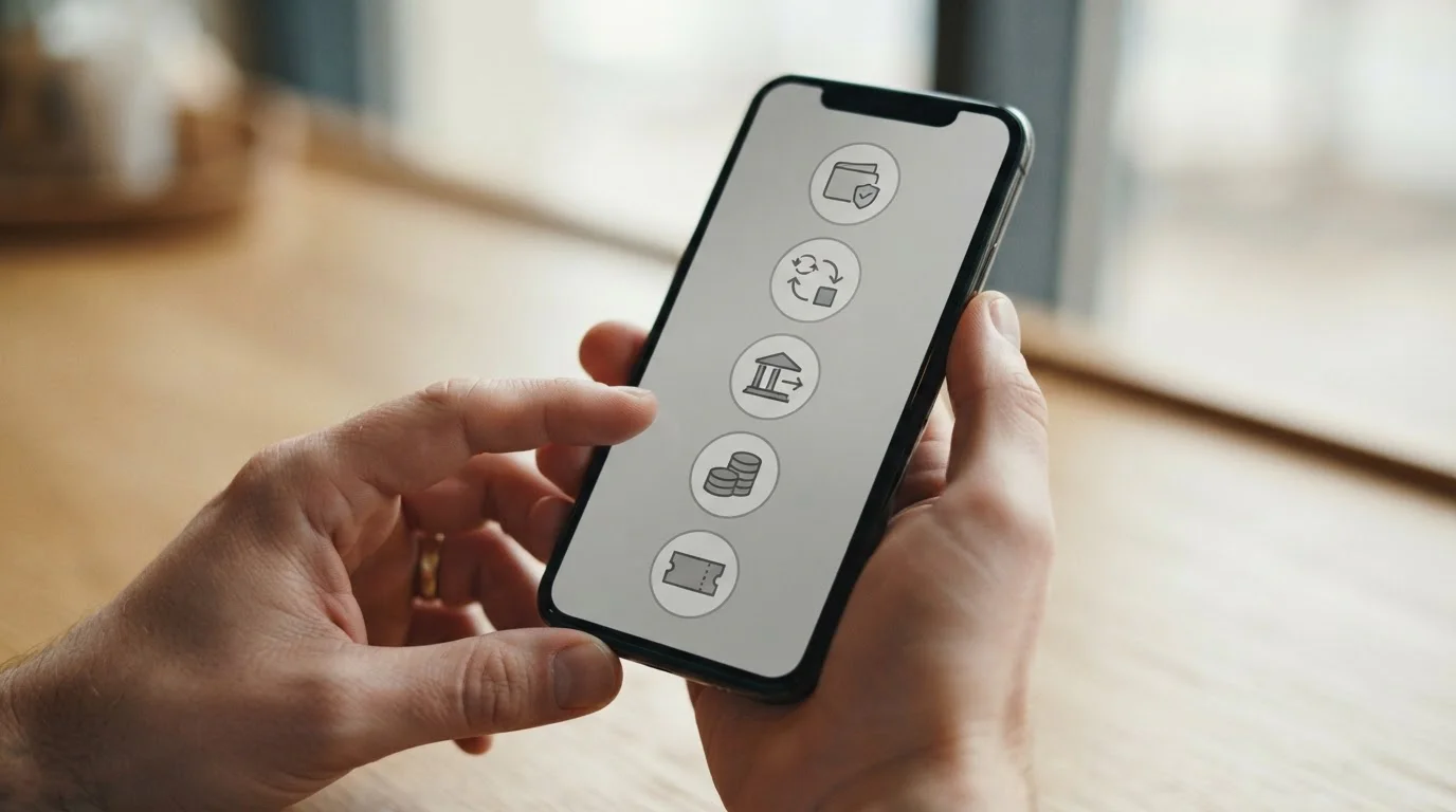 Smartphone mit verschiedenen Zahlungsoptionen auf neutralem Interface
